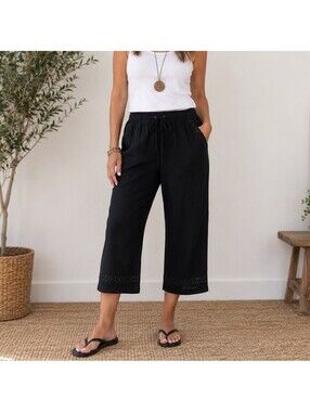 Palm Rio Black Cotton Capri Pants XL Crochet Trim Pull On Boho Lagenlook Beach